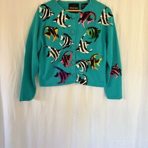 Michael Simon Vintage Turquoise Tropical Fish Applique Knit Cardigan Sweater | L